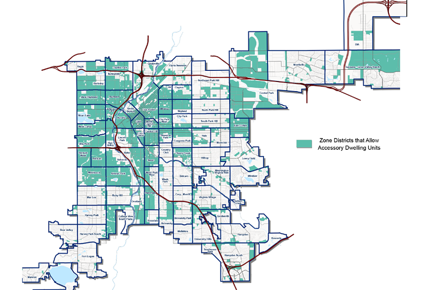 A map shows where ADUs are allowed in Denver.