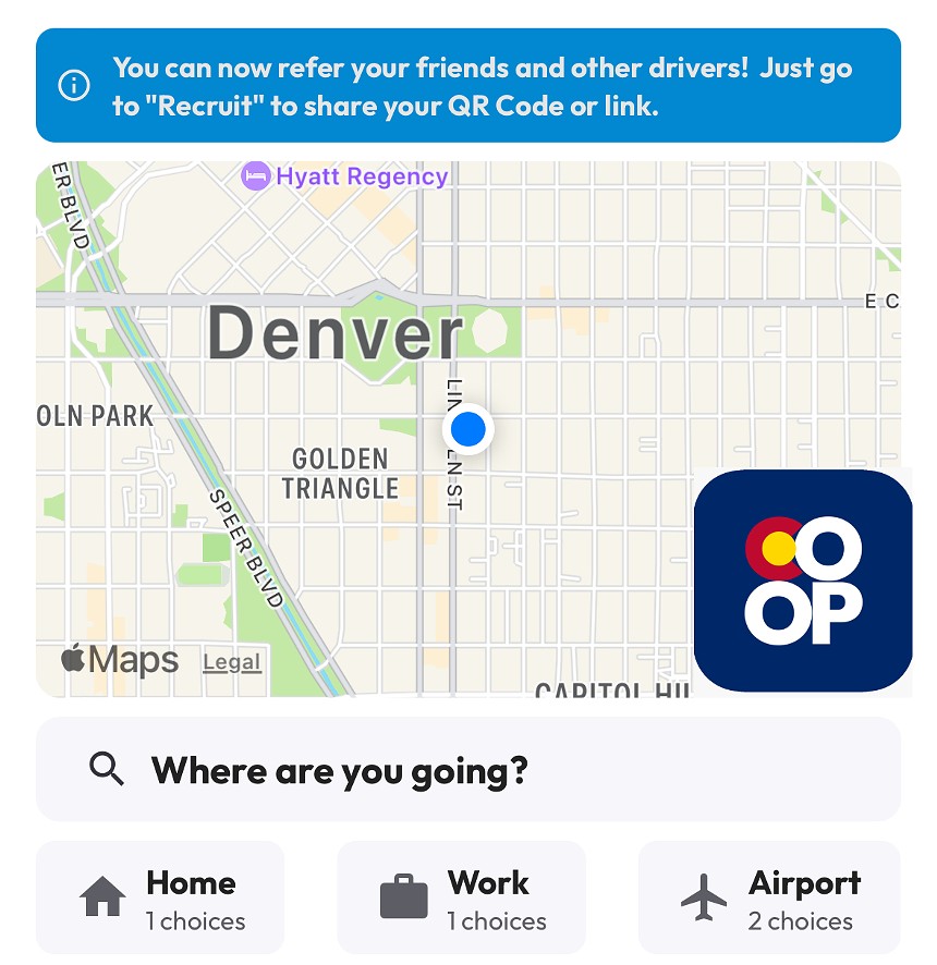 screenshot of rideshare app