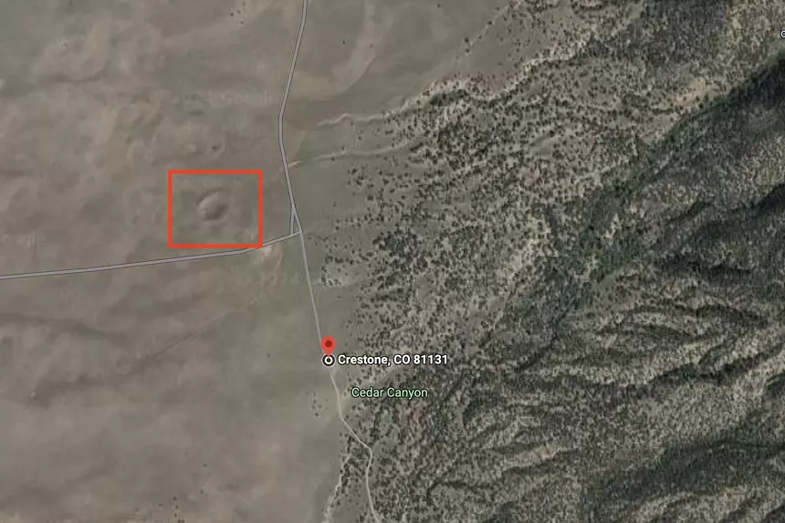 A Google Maps satellite view screenshot picturing the Crestone crater