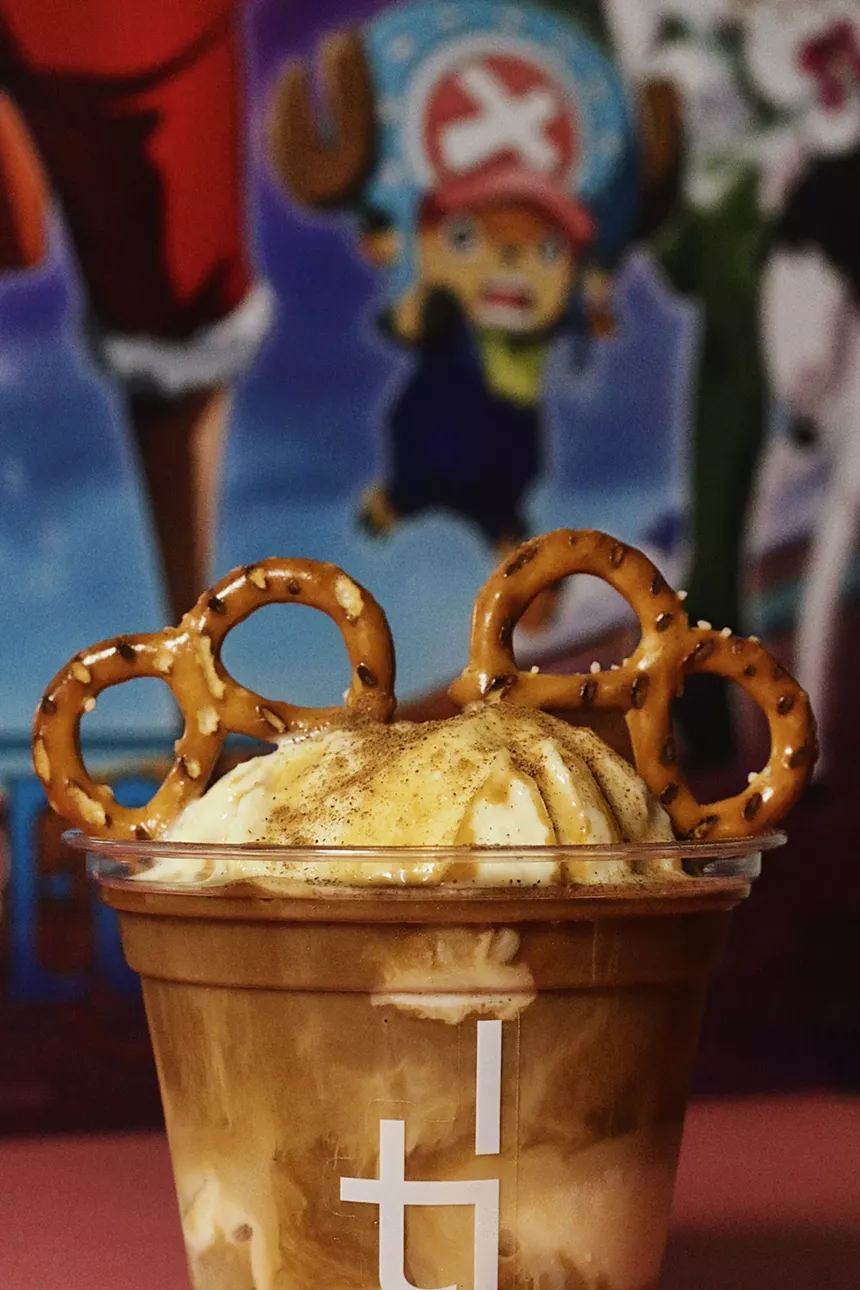 coffee drinks with two pretzels on top