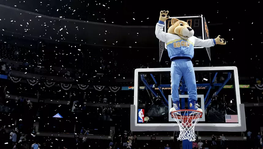 mascot on basketball net