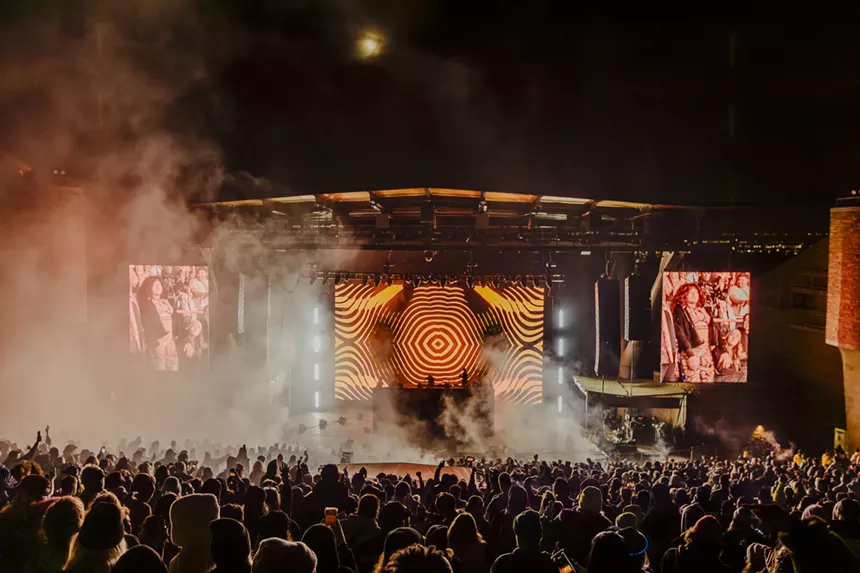 A photo showing stage design and lights at Red Rocks in Morrison, Colorado.