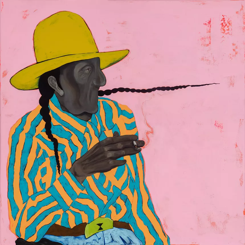 painting of a Native man in a striped shirt and yellow hat