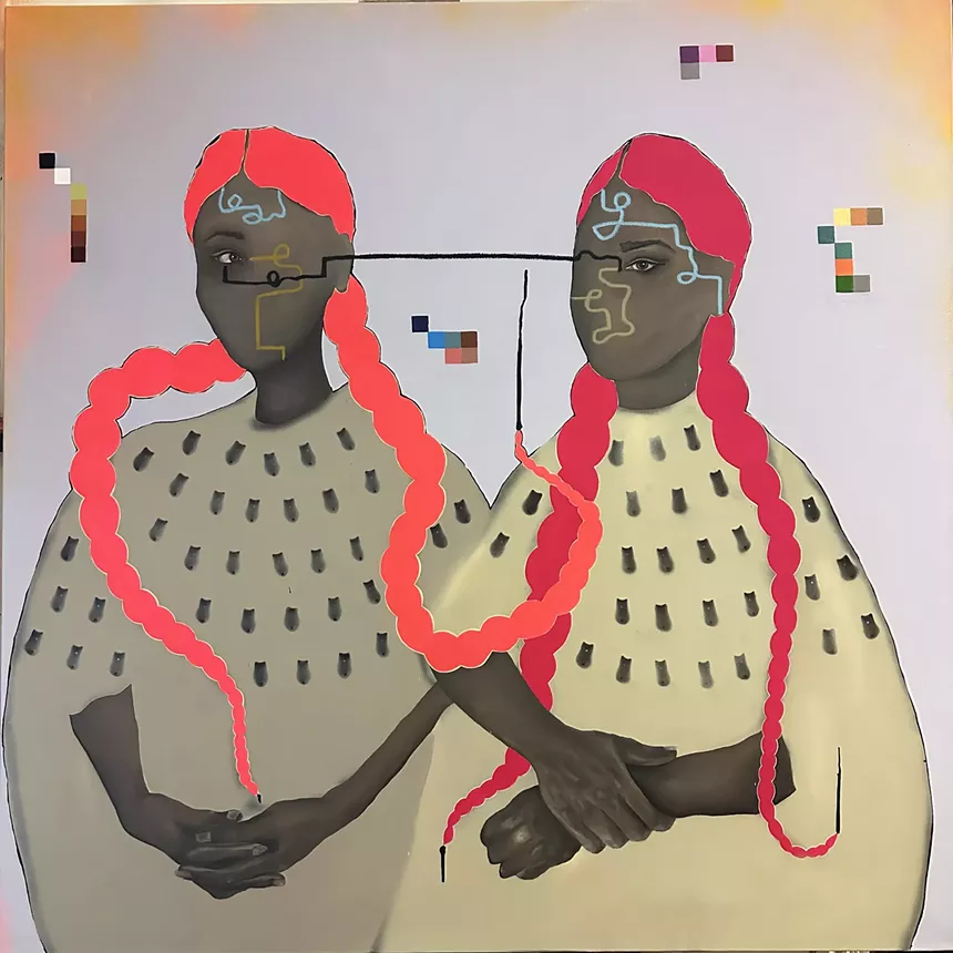 painting of two women with pink hair in braids