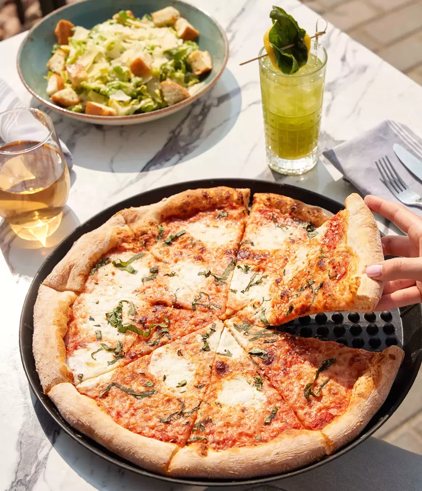 cheese pizza and a cocktail
