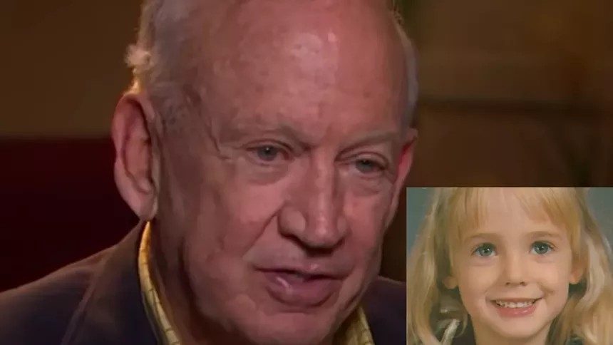 John Ramsey during a 2022 interview with Access Hollywood and a photo of JonBenet Ramsey.