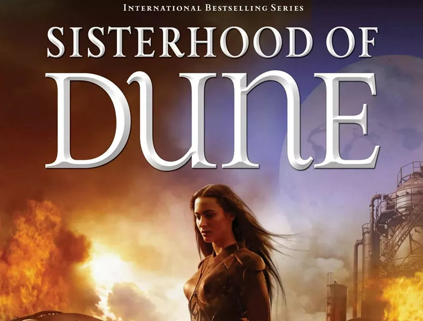 A logo for Sisterhood of Dune above a female character from the book