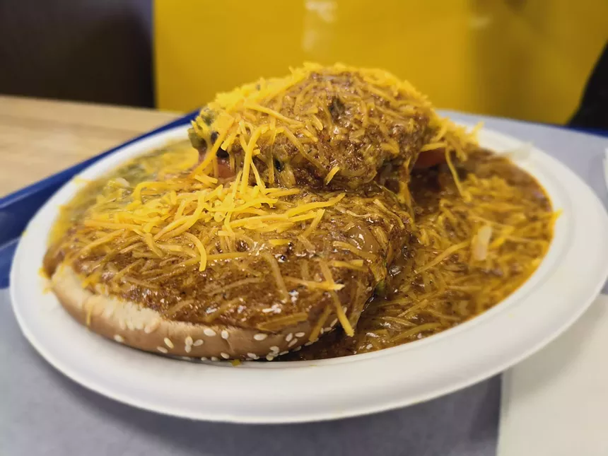 chili cheese-smothered burger