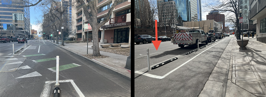 The Sunset Towers loading zone, with the bike lane bending around it, and the Windsor loading zone, with the bike lane running through it.