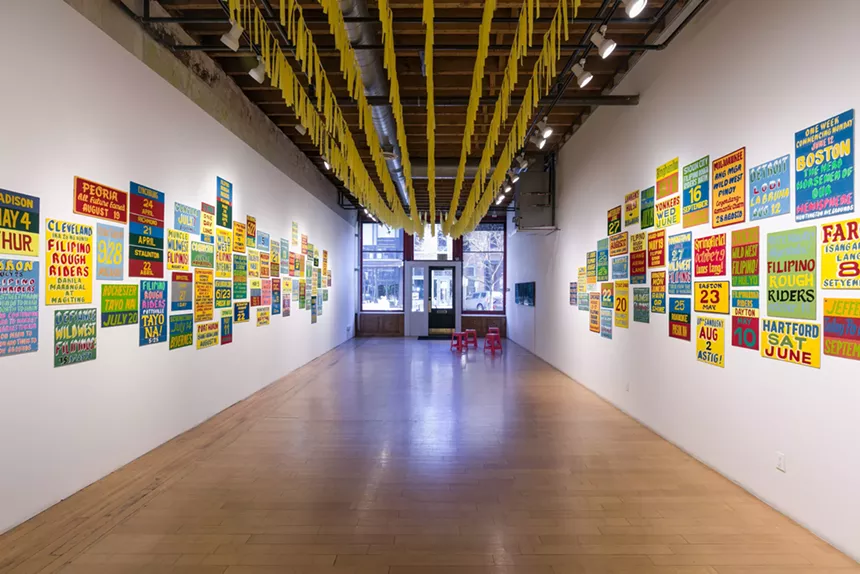 gallery with signs on walls