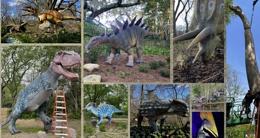 various photos of animatronic dinosaurs