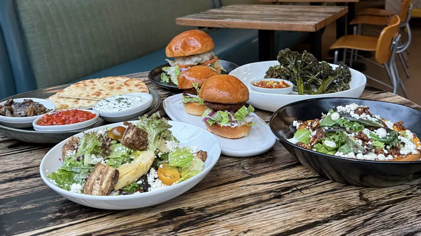 various burgers and salads