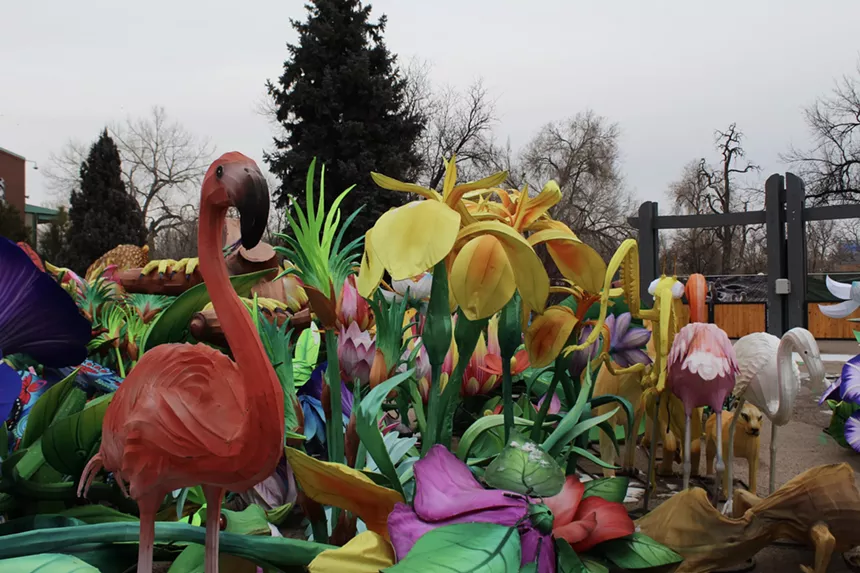 Colorful lanterns, including a giant flamingo