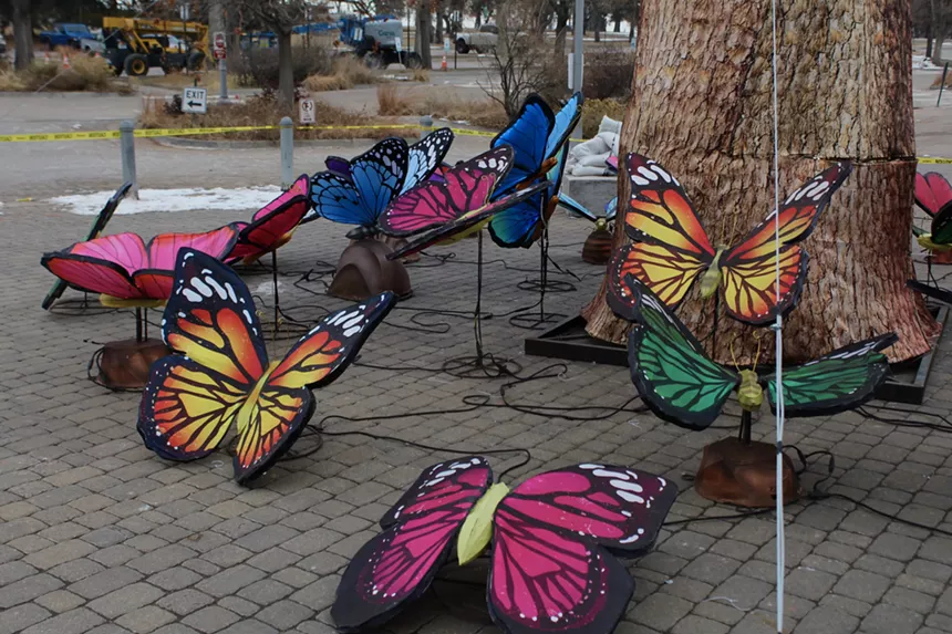 Colorful cloth butterflies on the ground