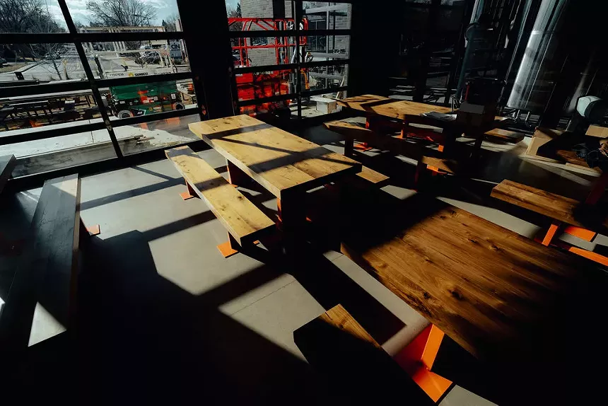 Communal tables at a brewery.