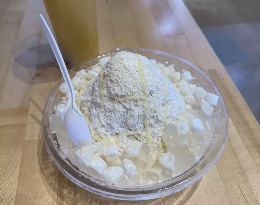 Winter melon shaved ice with condensed milk, boba and crystal boba.