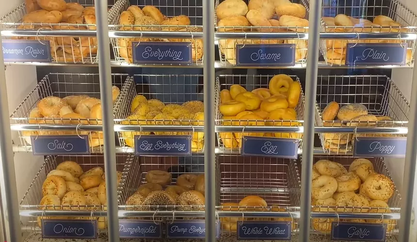 A shelf of bagels