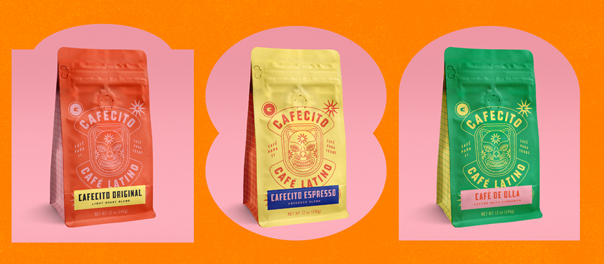 three bags of coffee with a colorful background