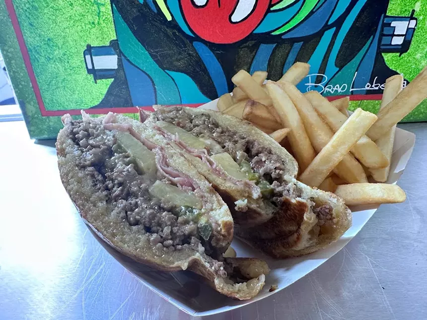 a burger bomb and fries