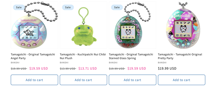 A webpage with Tamagotchi for sale