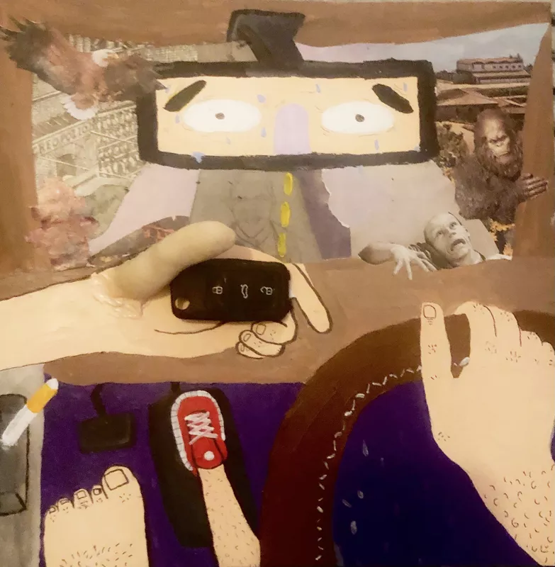 A piece of visual art depicting a man in a car who is overwhelmed by his surroundings.