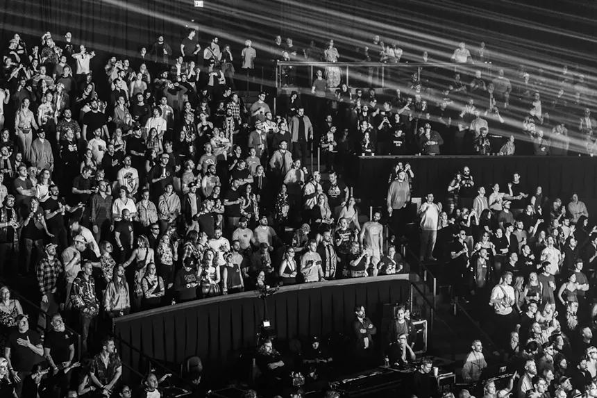 A black and white photo of the Mission Ballroom crowd during Ben Böhmer's performance.