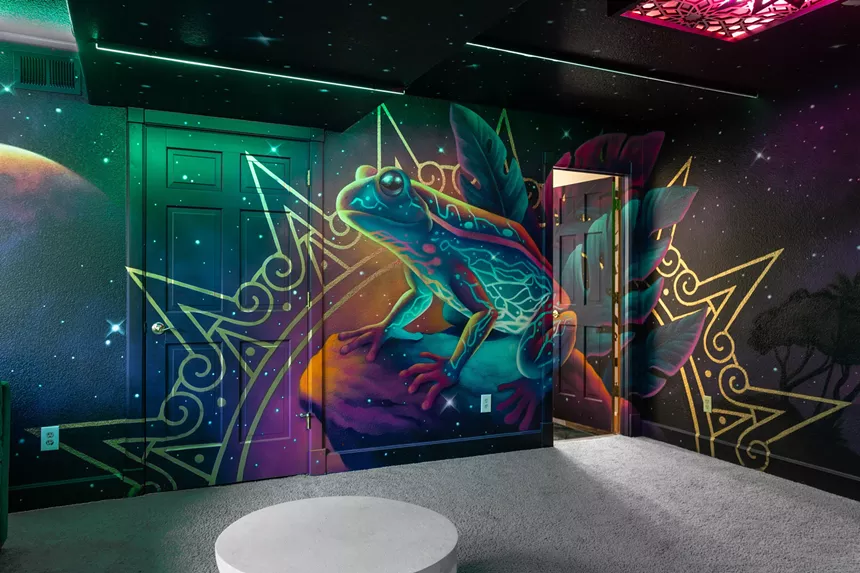 A colorful mural of a frog
