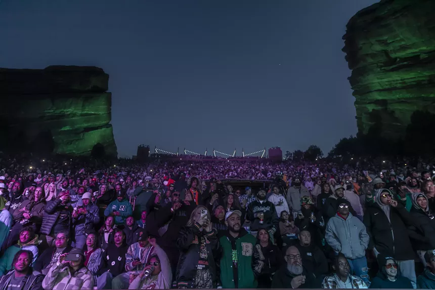 A photo showing a packed Red Rocks from the stage view.