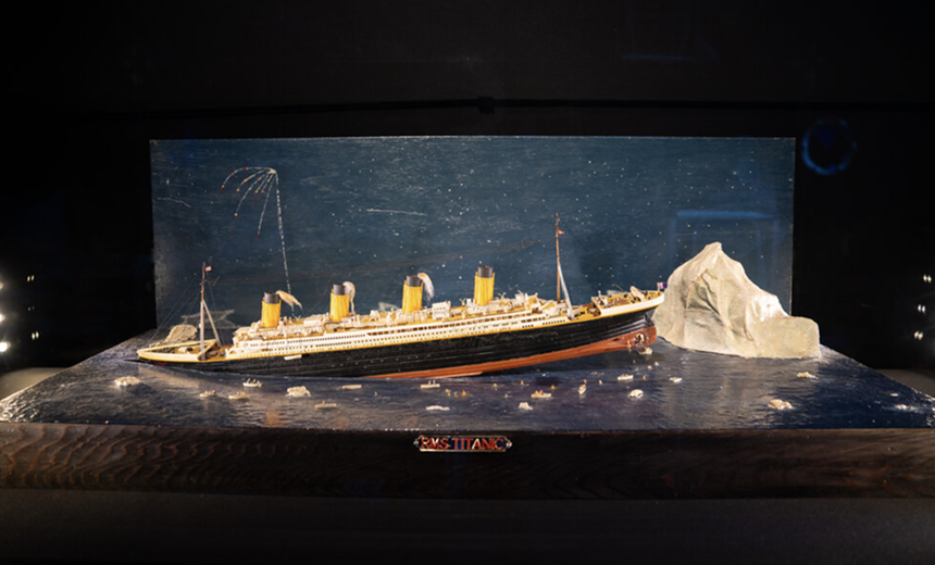 A replica of the Titanic striking the iceberg