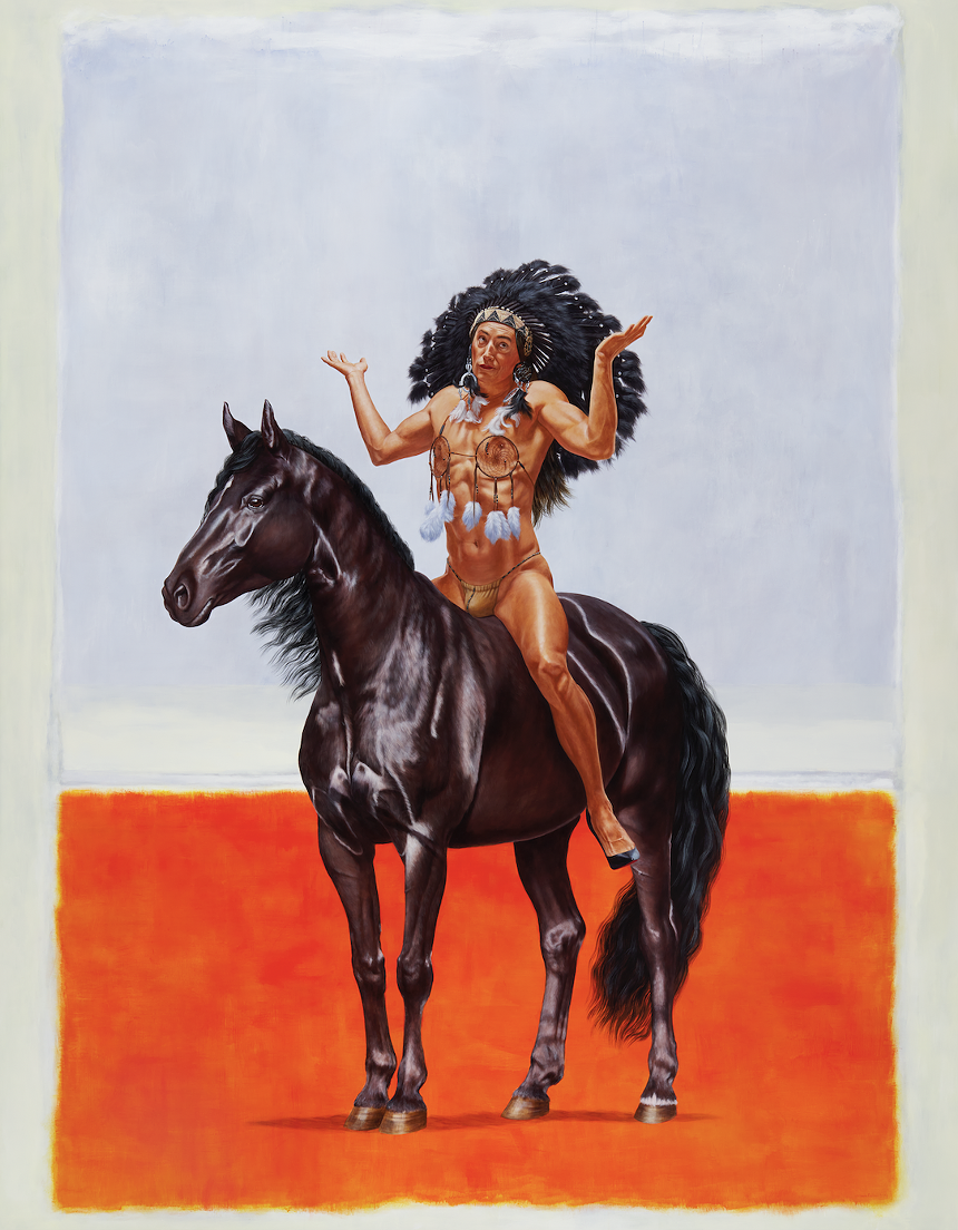 A Native American sits on horseback and shrugs