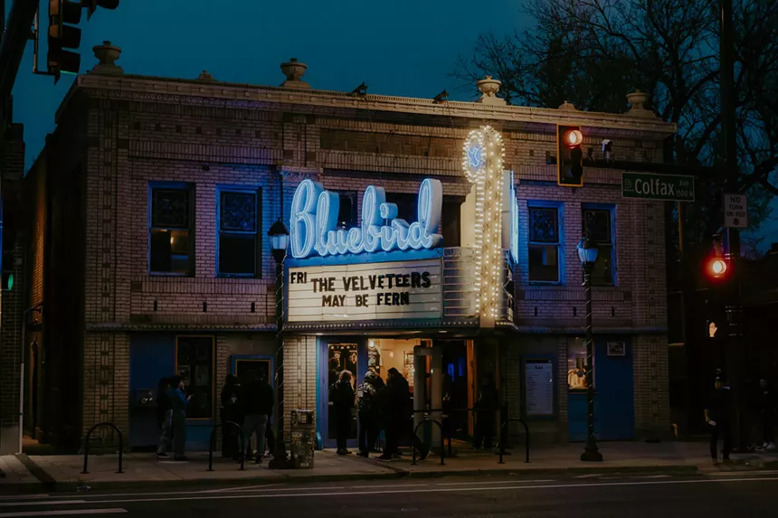 A photo of the marquee at the Bluebird Theatre.
