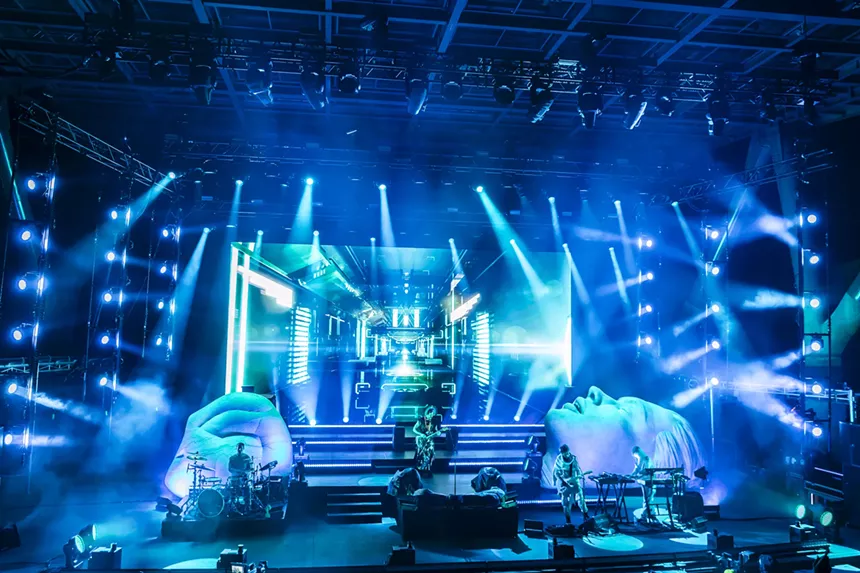 A wide shot of Empire of the Sun performing on stage at Red Rocks on Monday, April 28, 2025.