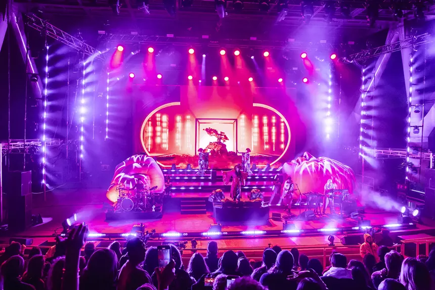A wide shot of Empire of the Sun performing on stage at Red Rocks on Monday, April 28, 2025.