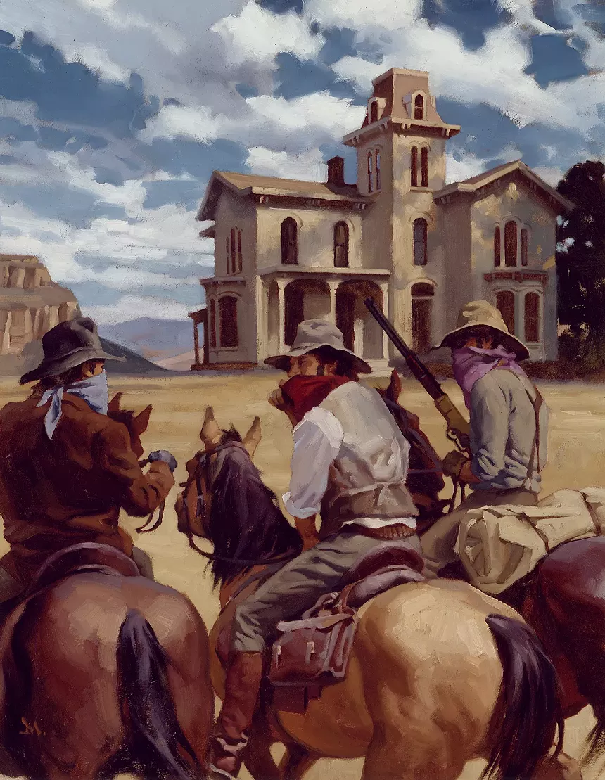 Cowboys on horses look at a building