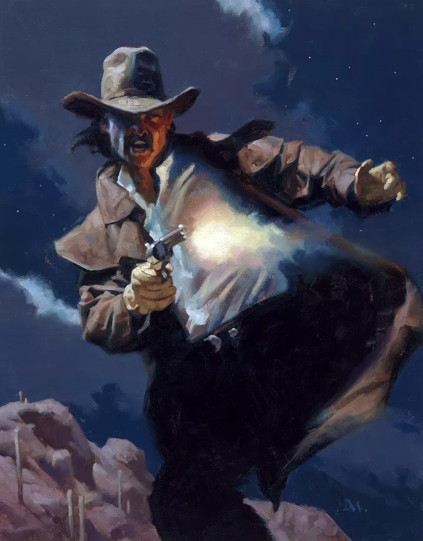 A cowboy shooting a gun at night