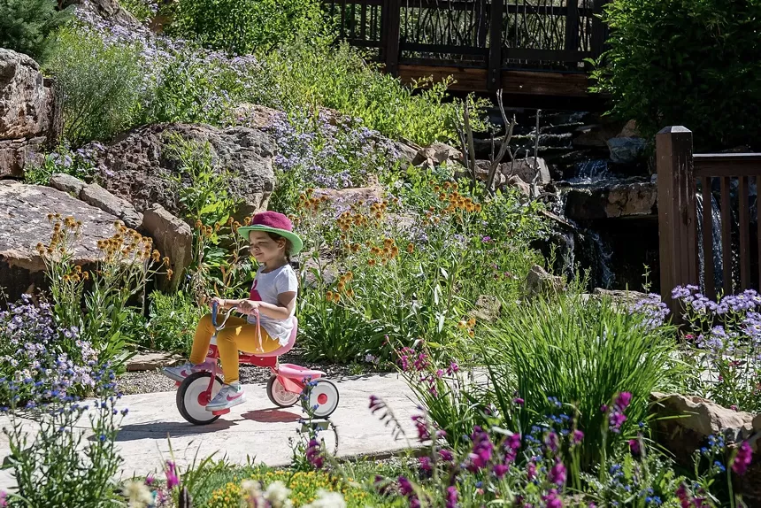 A child on a tricycle pedaling through the Betty Ford Alpine Gardens