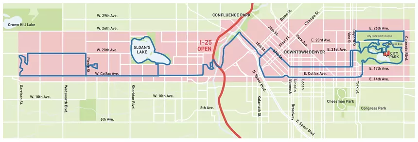 A street map showing road closures and the race routes for the 2025 Colfax Marathon