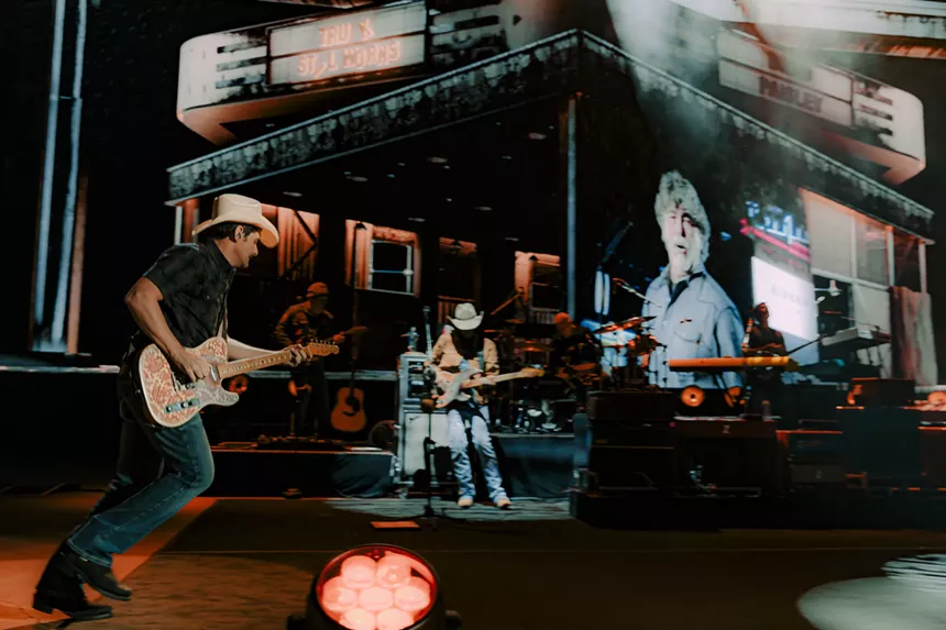 Brad Paisley performing on stage at Red Rocks for his Truck Still Works World Tour..