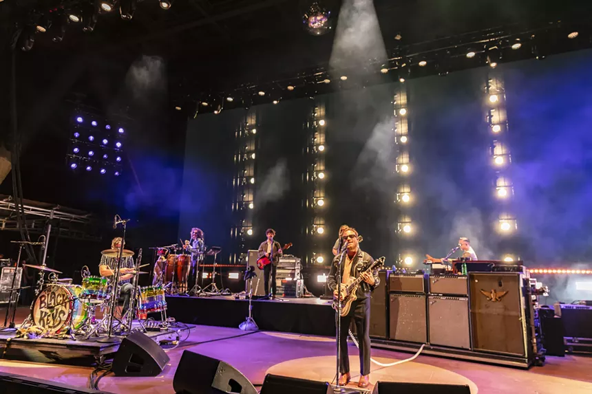 A view of The Black Keys and their band on stage at Red Rocks.
