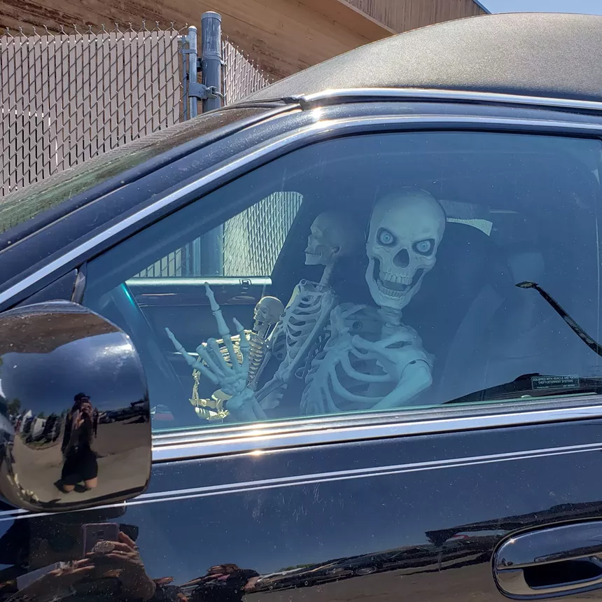 A skeleton in a hearse