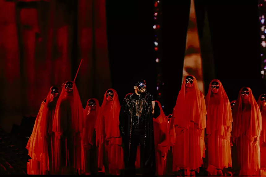 The Weeknd with dancers on stage at Empower Field at Mile High for his After Hours Til Dawn Tour on Saturday, June 21.