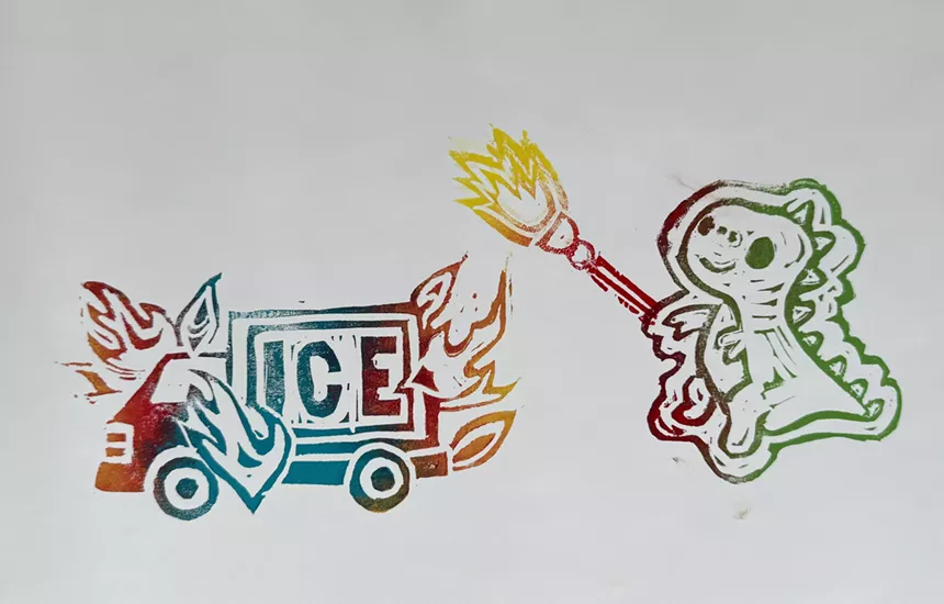 A rainbow drawing of someone setting fire to an ICE truck