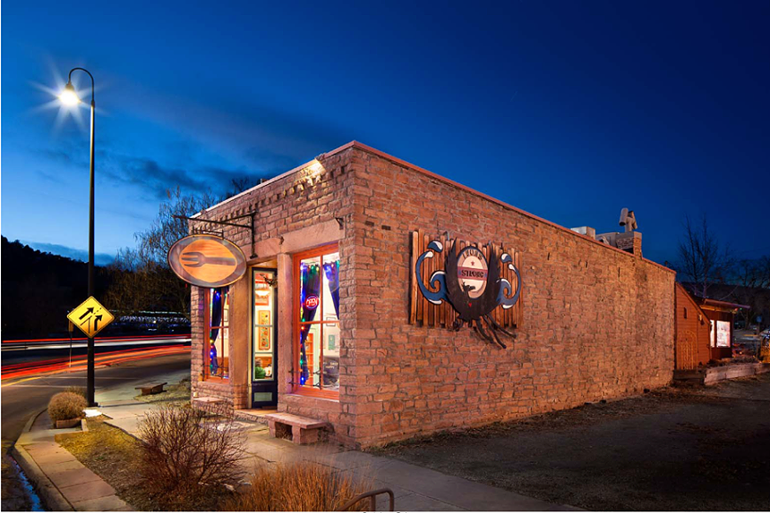 Brewery building at dusk.