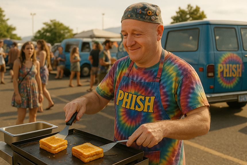 an AI image of Jared Polis making grilled cheese on Phish lot