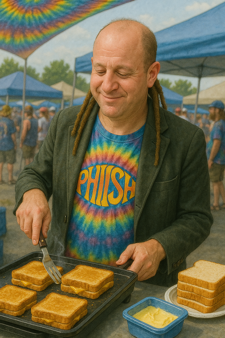 an AI image of Jared Polis making grilled cheese on Phish lot