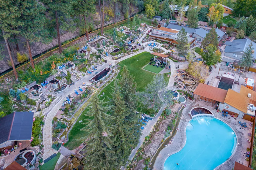 An aerial view of the pools and gardens at Durango Hot Springs