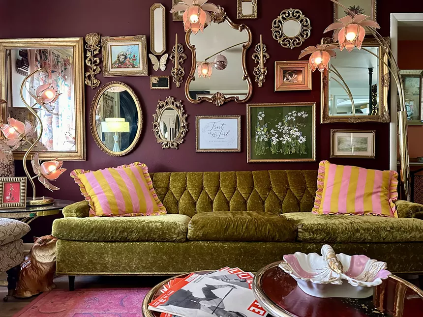 A green velvet couch