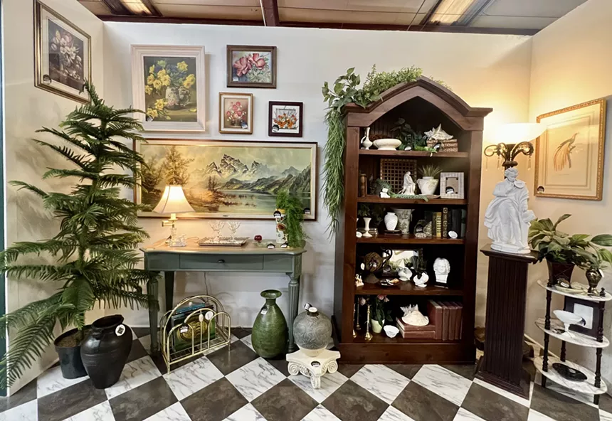 An antique store with checkered floors