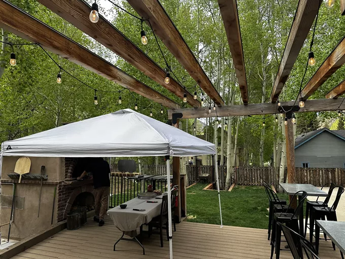 Lush back patio with trees