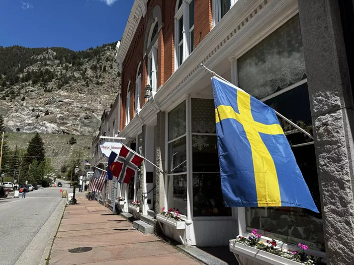 Buildings on a street with a blue and yellow flag